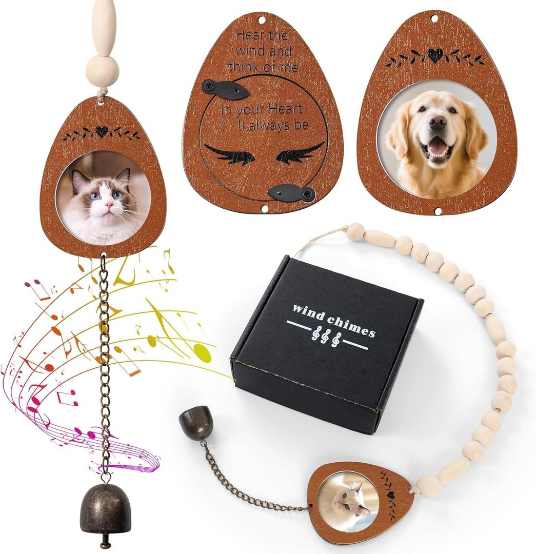 Pet Memorial Wind Chime with Photo Frame, Outdoor Garden Remembrance Ornament with Rustic Beads and Metal Bells, Pet Loss Sympathy Gift for Dog and Cat Tribute
