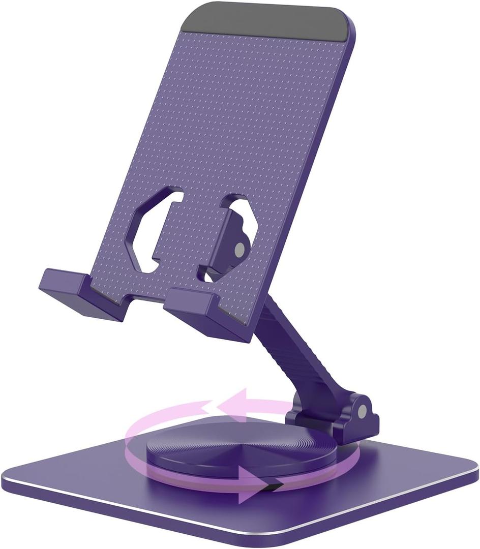 Cell Phone & Tablet Stand for Desk, Aluminum Adjustable Holder for iPhone, iPad & Smartphones || Foldable Mount with 360 Swivel, Stable Base & Portable Design for 49.7in Devices, Purple