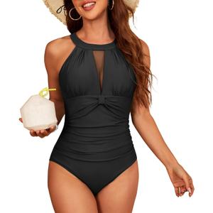 Zando High Neck Swimsuits for Women 2025 Mesh Tummy Control One Piece Swimsuit Bathing Suit (X-Large, Black)