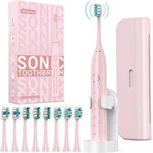 Rtauys S5 Sweeping Electric Toothbrush - Rechargeable Electric Toothbrushes with 8 Heads, Power Electric Toothbrush with Holder, 2.5 Hours Charge for 45 Days Battery Life - Pink