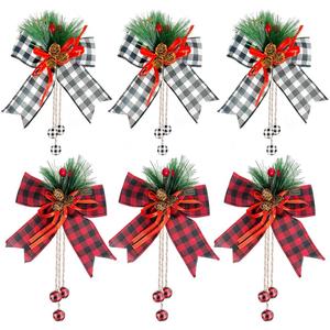 6 PCS Christmas Burlap Plaid Bow with Pine Cones Pine Needles with Bells 11.8 x 5.5 inches Velvet Pine Cone Bow Christmas Wreath Bow Buffalo Check Bow Christmas Tree Hanging Ornaments Decor