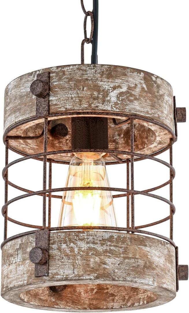 Retro Industrial Metal and Wood Chandelier 1-Light Round Cage Pendant Light Fixture for Kitchen Island Foyer Hallway Bar Dining Room Restaurant, D 7.8" x H 8.58" (White Brown)