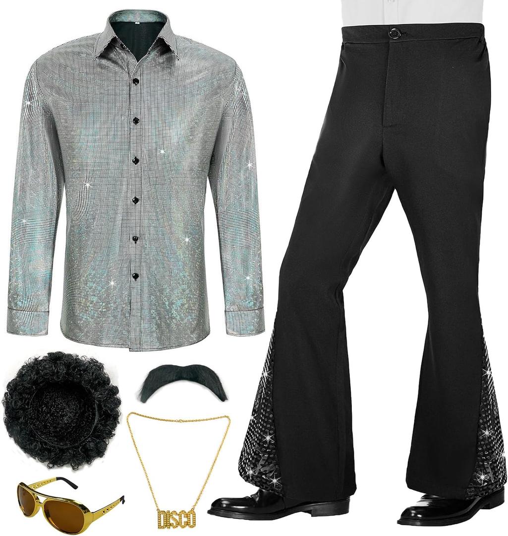 70s Outfits for Men 6 Pcs Disco Outfit Retro Costume with Bell Bottom Pants (Medium)