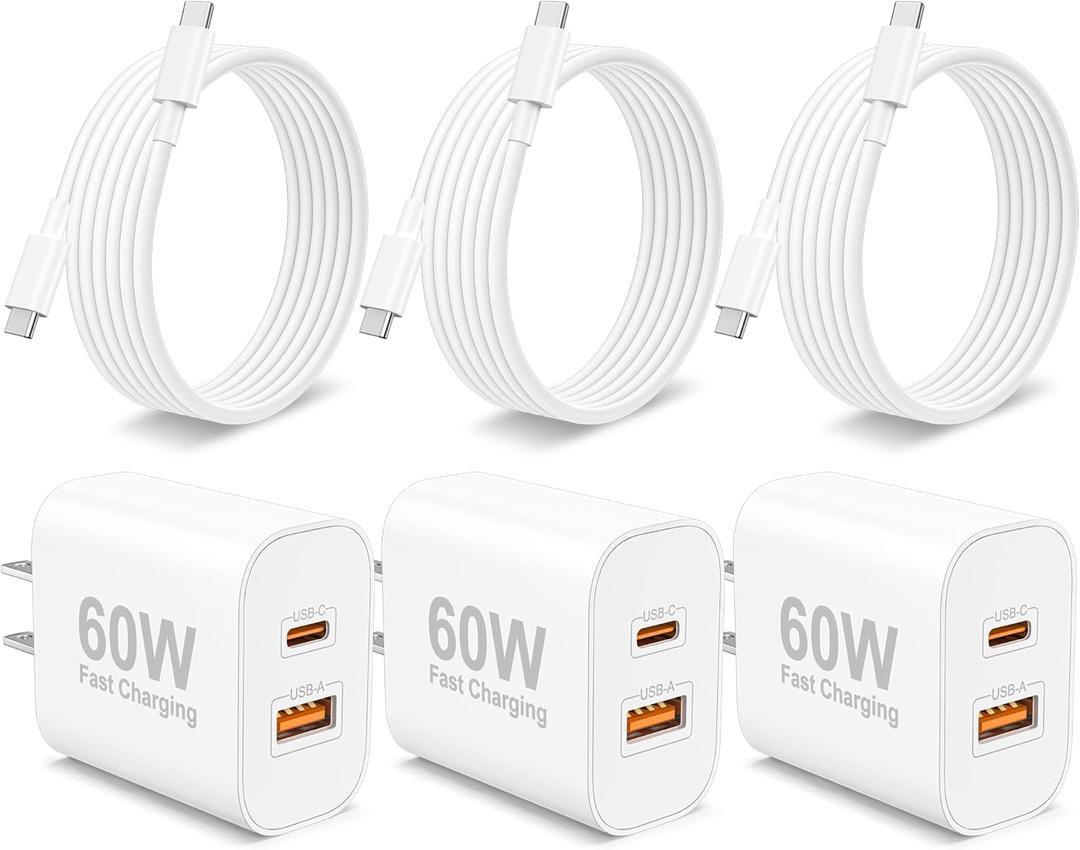 iPhone 17e/17/17 Pro Max Charger, 3-Pack 60W Super Fast Charging Dual Port USB C Wall Charger Block Adapter with 6FT USB C to C Cable Power Cord for iPhone 17/17 Pro Max/Air/16/15 Pro Max/Plus, iPad