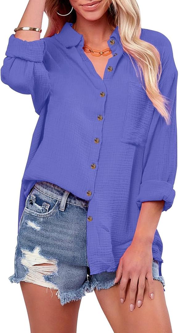 siliteelon Womens Button Down Shirts Cotton Long Sleeve Oversized Boyfriend Blouses Collared Dress Tops with Pockets (Blue, M)