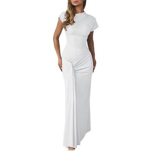 Mojessy Women Bodycon Maxi Dress Sexy Mock Neck Lace Up Bandage Ruched Short Sleeve Long Dress Cocktail Dress L