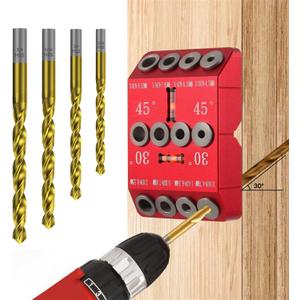 30 45 90 Degree Angle Drill Guide Jig for Hand Drill, Angle Drill Guide for Straight Holes and Angle Drilling, used for Stairs Handrails, Cable Railings, Decks, and Wood Posts Level designwith 4 Bits (Aluminum Red)