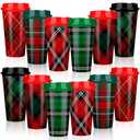 Sliner 12 Pcs 16 oz Christmas Buffalo Plaid Coffee Cups Mugs Tartan Plaid with Lids Plastic Xmas Cup 6 Designs of Red and Green Plastic Coffee Cups Xmas Holiday Supplies