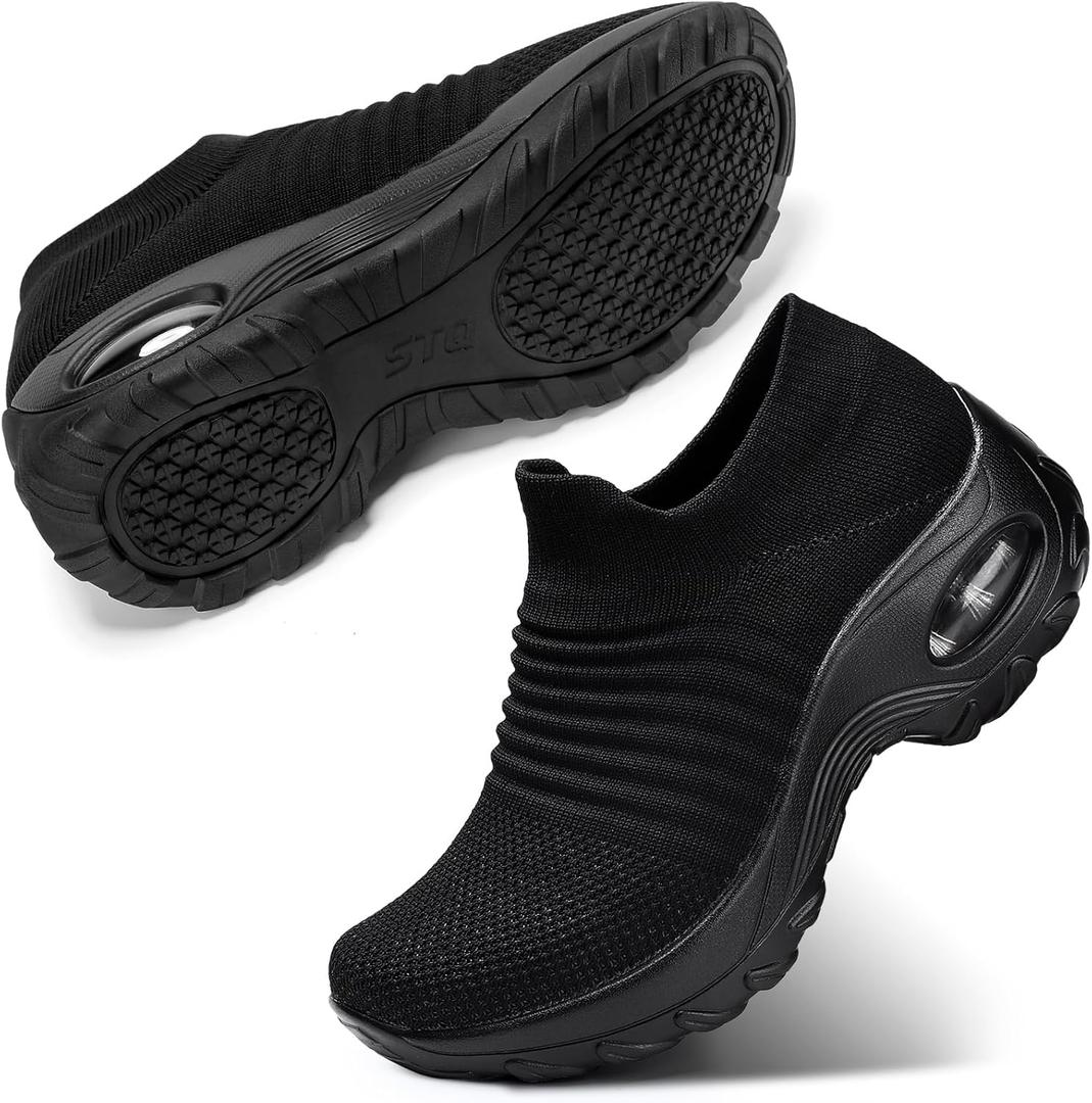 STQ Walking Shoes Women Slip on Sneakers Non Slip Work Air-Cushion Arch Support Tennis Plantar Fasciitis Orthopedic Breathable Mesh Comfortable Ladies Nursing (6.5, All Black)