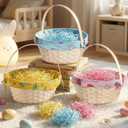 Lanpn Natural Bamboo Easter Basket 3PCS with Removable Bunny Fabric Liner and Raffia Grass for Egg Hunt Candy Picnic Seasonal Decoration (Yellow Pink Blue) (Natural Wood Color)