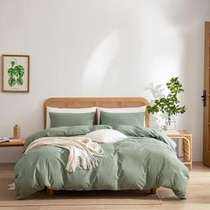 Green Duvet Cover King, 100% Washed Cotton Linen Like Textured 3 Pieces Bedding Set, Solid Color Simple Style Duvet Cover, Luxury Relaxed Feel Natural Wrinkled Breathable Soft Comfy (Green, King)