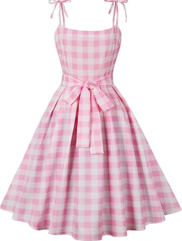 Generic Knot Strap Pink and White Plaid Women Dress Summer Elegant Evening Vintage Party Pleated Dresses,Size Small