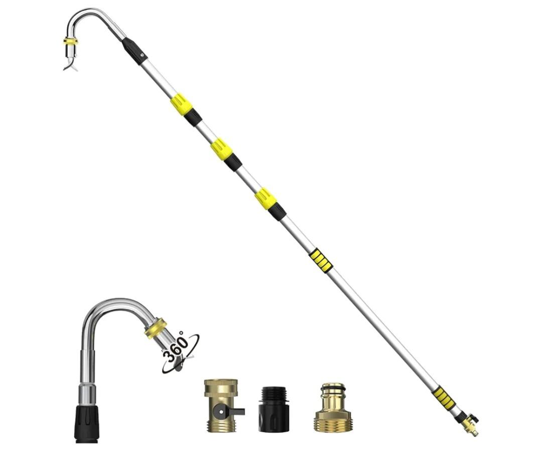 Buyplus 16FT(24FT Reach) Telescopic Gutter Cleaning Tools from The Ground, Rain Gutter Cleaners Tool with 360°Rotatable Metal Nozzle, Extension Pole, Hose Attachment, Watering Wand for Garden Hose