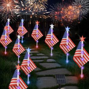 4th of July Decorations Outdoor American Flag Lights, 6-Pack Red White and Blue Solar Stars Lights with 6 USA Flags & 30LED,Bright Patriotic Pathway Lights for Memorial Day Yard Lawn Decor