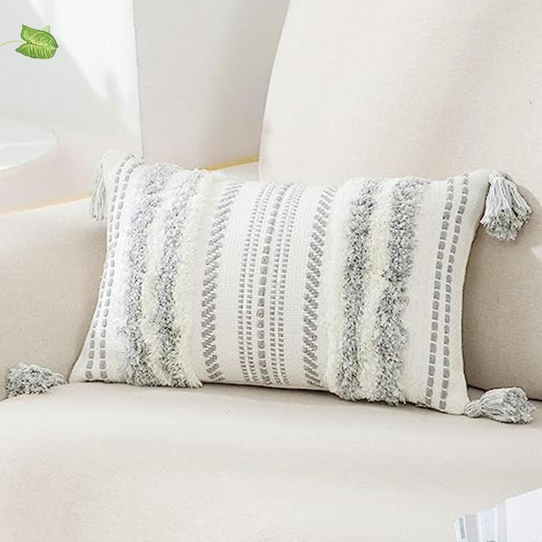 decorUhome Decorative Boho Throw Pillow Cover 12x20, Lumbar Accent Neutral Textured Tufted Pillow Cover Striped for Couch Bed Sofa, Grey and Cream White, Pack of 1