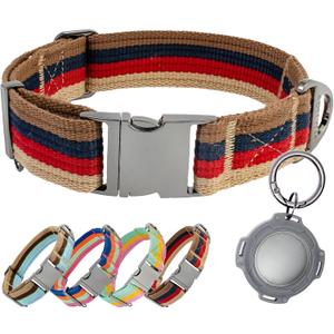ADITYNA Cotton Dog Collar with AirTag Holder - Heavy-Duty Metal Buckle, Breathable, Easy Adjustable for Medium & Large Breeds - for Walking, Training (Vintage Stripes, Fits 15-21" Necks)