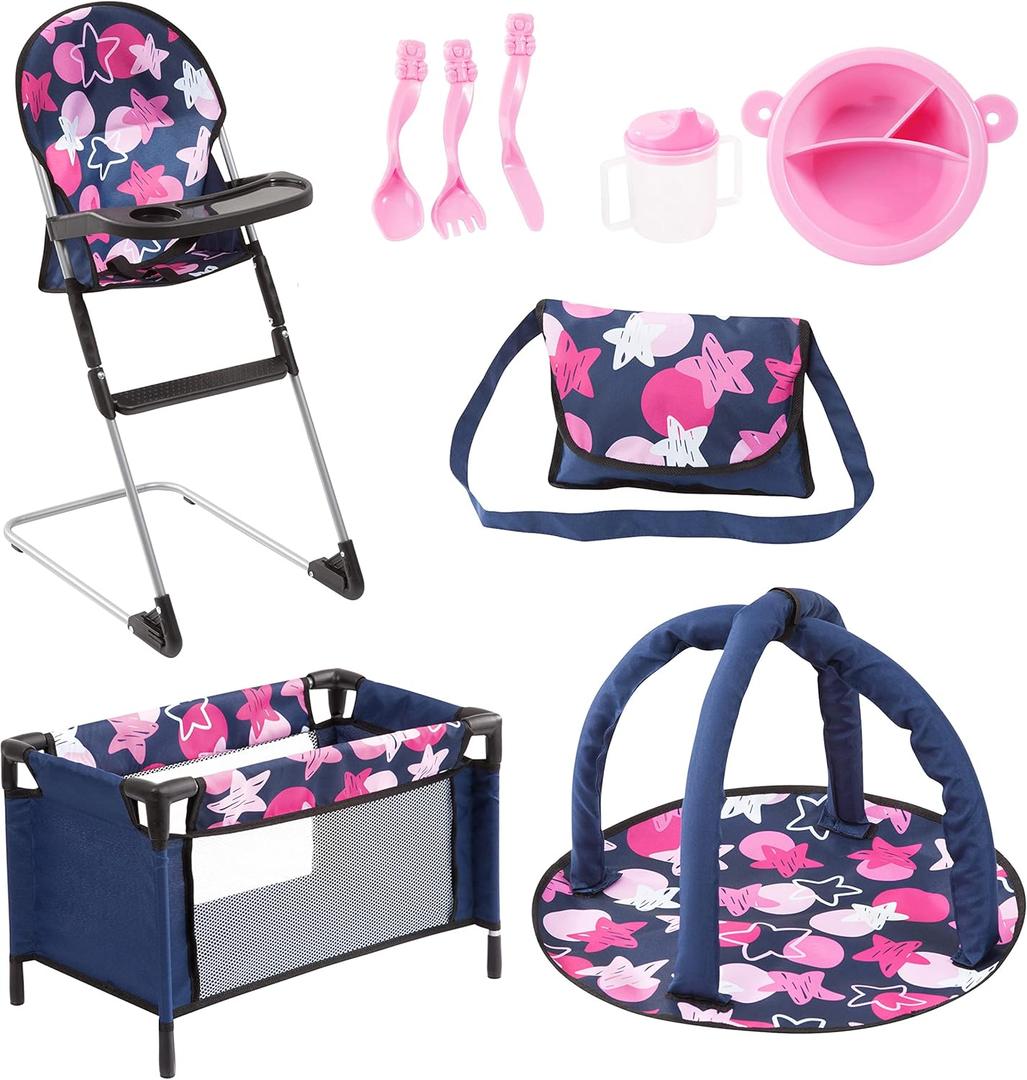 Bayer 9-in-1 Doll Accessory Set with Travel Bed & Highchair - Perfect Toy for Dolls - Includes Plate, Utensils, Play Mat and More
