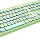 Wireless Keyboard and Mouse Combo, 2.4GHz Full-Sized Colorful Cute Keyboard Mouse Set with Retro Typewriter Flexible Round Keys for Windows, Computer, Laptops, PC Green Colorful