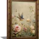 Vintage Gold Framed Bird Wall Art Spring Cottagecore Painting Canvas Sparrow And Butterfly In The Rose Bush Picture Wall Decor Whimsical Floral Aesthetic Print Artwork For Living Room Bedroom