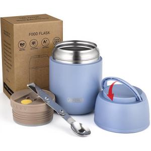 17 oz Insulated Lunch Containers Hot Food Jar, Wide Mouth Lunch Thermo for Hot Food Kids Adults, Vacuum Stainless Steel Thermo Lunch Box With Handle Folding Spoon for School, Office(Grayish Blue)