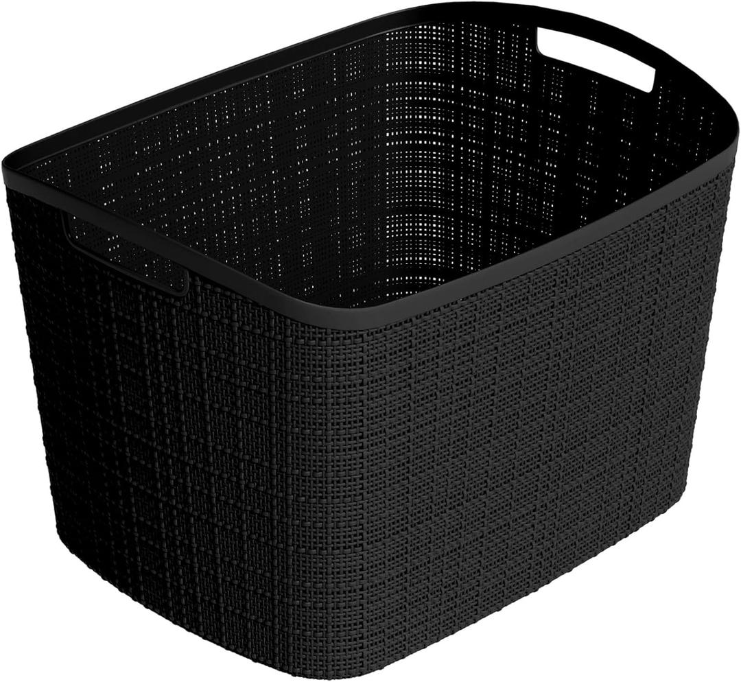 Curver Set of 2 XL 30.5L Jute Decorative Plastic Organization and Storage Baskets - Perfect Bins for Home Office, Closet Shelves, Kitchen Pantry and All Bedroom Essentials, Black