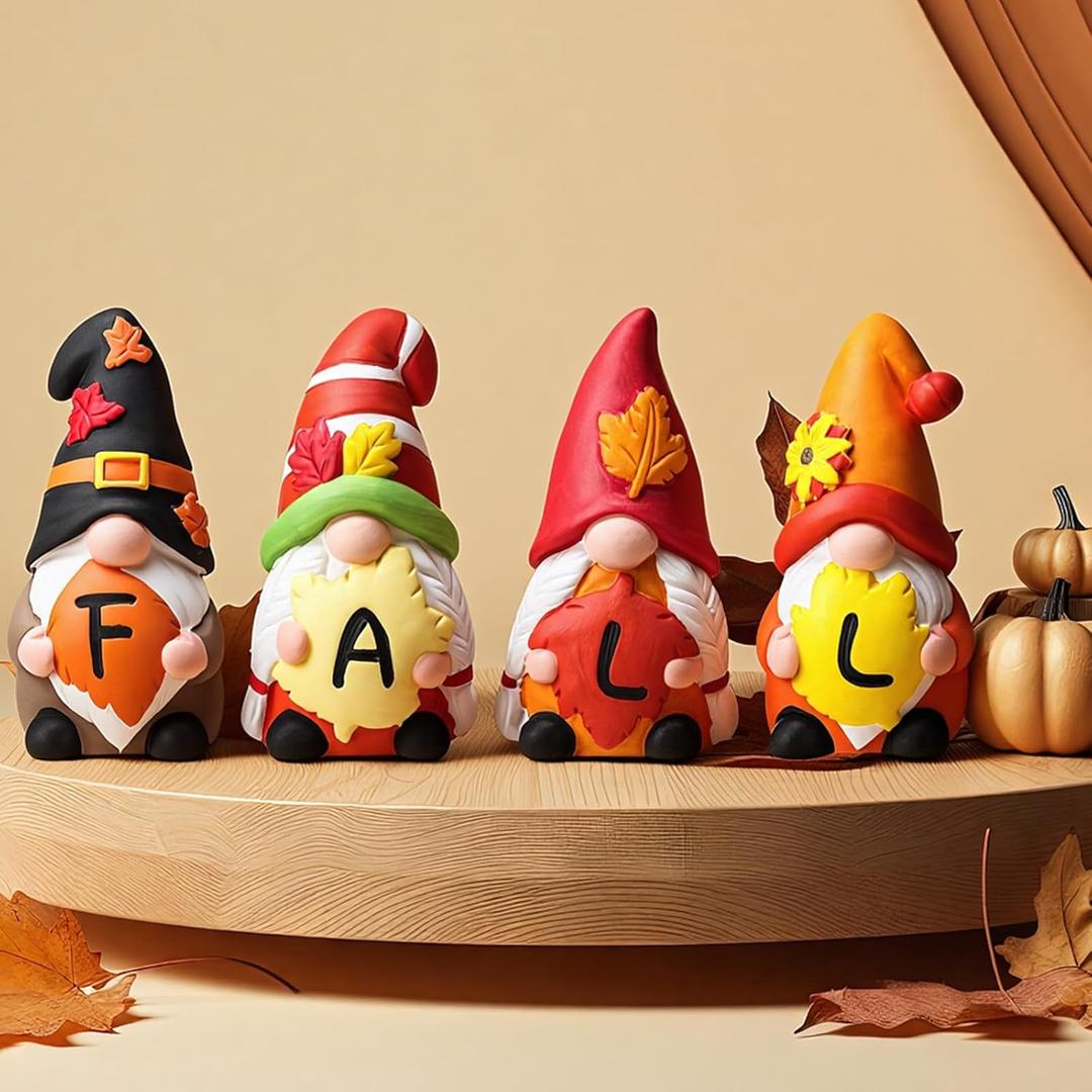 4 Pcs Fall Ceramic Gnomes Decorations for Home 4'' Thanksgiving Decor Welcome Fall Sign Gnomes Figurines Autumn Tabletop Sculpture Table Centerpiece for Home Housewarming Gifts