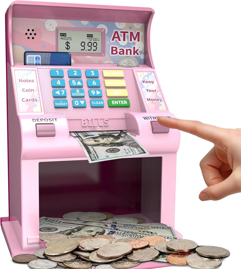 ATM Piggy Bank for Kids ATM Bank Cash Coin Saving for Real Money with Debit Card Coin Recognition, Balance Calculator, Electronic Savings Safe Box Gift for Ages 6-13 Piggy Bank (Pink)