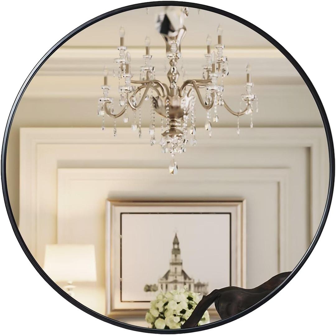 Growsun 28 inch Black Round Mirror, Wall-Mounted Circle Mirror for Bathroom & Living Room Decoration