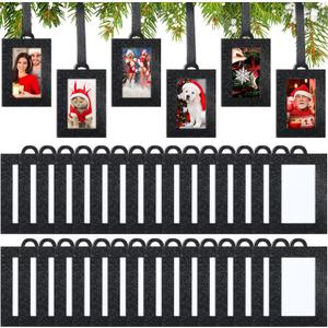 Fullhawl 100 Pcs Hanging Christmas Tree Mini Picture Frames Small Picture Frame Ornaments 2x3 Inch Black Photo Frames Glitter Paper Picture Frame with Ribbon for Family Photo Wall Table Decor