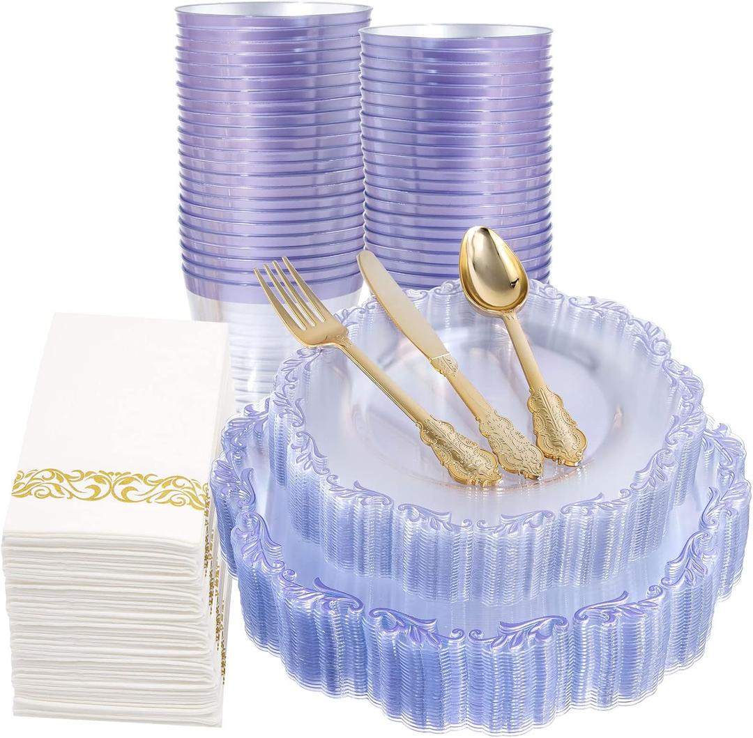 PULOTE 175PCS Purple Plastic Plates - Clear Plastic with Purple Rim - Include 25 Each (Dinner & Dessert) Plates, 25 Guests Cutlery, 25 Cups, 25 Napkins for Party & Spring, 10.25inch,7.5inch
