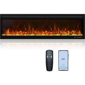 60 Inch Smart WiFi Infrared Electric Fireplace Realistic Flame, 169 Flame Color Combinations,App/Remote Control, Logs & Crystals,750W/1500W Heater, Black