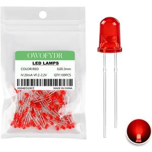 100Pcs 3mm Red Diffused LED Diode, DC 2V 20mA,LED Indicator Light for Arduino DIY, Breadboard, Scientific Experiment