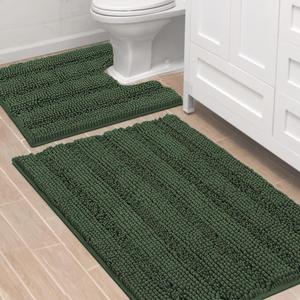 H.VERSAILTEX Bathroom Rugs Bath Rug Set 2 Piece Bathroom Contour Rug Toilet Mat Sets Non Slip Contour Bath Rug Ultra Thick Water Absorbent Striped Bath Mats(36" x 24" Plus 20" x 24" U, Bronze Green)