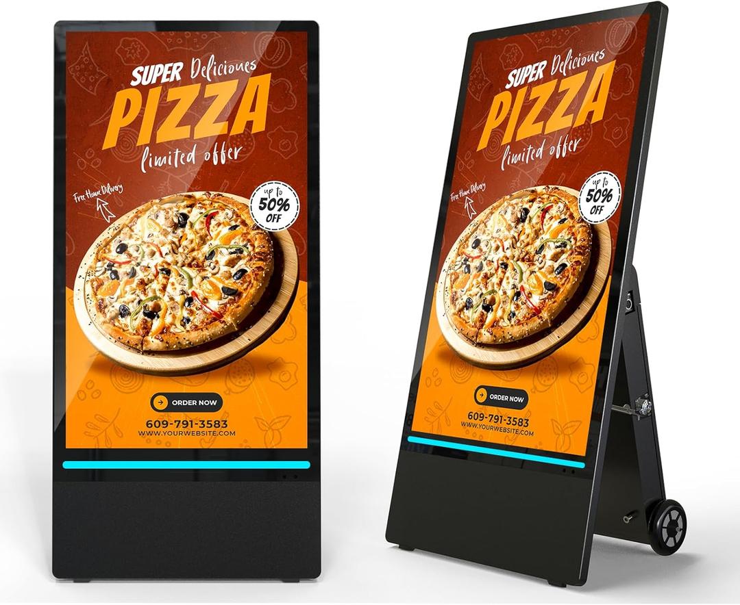 SIOXCFZ 43 inch Rechargeable Portable Outdoor Digital Signage Displays, 2K FHD, IP65 Waterproof, Smart LCD Split Screen, Brightness Auto-Adjustment Movable Advertising Kiosk with Android OS