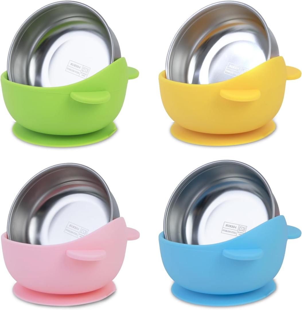 Stainless-Steel Baby Bowls with Suction: Food Grade & Dishwasher Safe - Baby Led Weaning Supplies for 6-18 Months Kids - High Chair