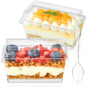 TOFLEN 50 Pack 5 oz Dessert Cups with Lids and Spoons, Mini Clear Plastic Parfait Cups, Rectangle Party Serving Bowls for Parfait, Appetizers, Mousse, Pudding