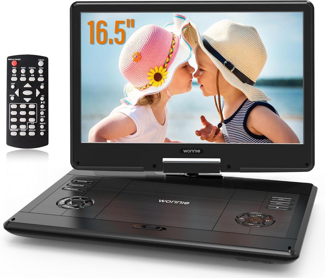 WONNIE 16.5" Portable DVD Player with 14.1" Large HD Swivel Screen, 6 Hours Rechargeable Battery, High Clear Volume Speaker, Support USB/SD Card/Sync TV, Last Memory and Multiple Disc Formats