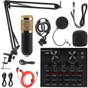 MorTime Condenser Microphone Bundle, Live Sound Card, Adjustable Boom Arm, Shock Mount, Metal Mic Pop Filter, Sponge Pop Filter Cover, Earphone, Audio Cables and Power Cable, Set of 11 Mic Kit