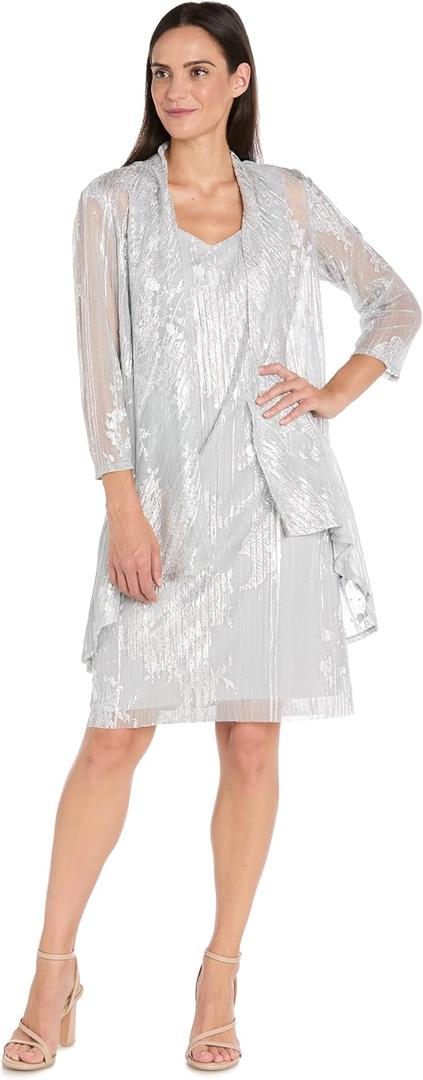 Elegant 2-Piece Foil Print Knee-Length Dress W/Flowing Mesh Jacket - Shimmering Lace Floral Outfit for Special Occasions. (Silver, 6)