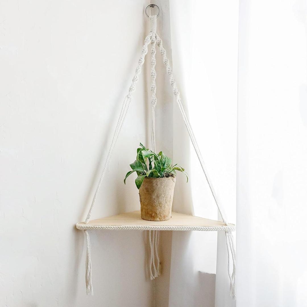Artilady Macrame Corner Shelf Wall Hanging - White Corner Floating Shelves Boho Wall Decor, Rustic Wooden Plant Shelf Storage Rack for Bedroom Living Room Bathroom (1 Layer White)