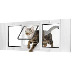 Slevoo Cat Door for Window, 10-Min No-Cut Installation, Adjustable Width of 23"-28", Upgraded 4-Mode Knob Lock, Weatherproof Aluminum Frame Cat Door Window Insert for Cats & Small Dogs