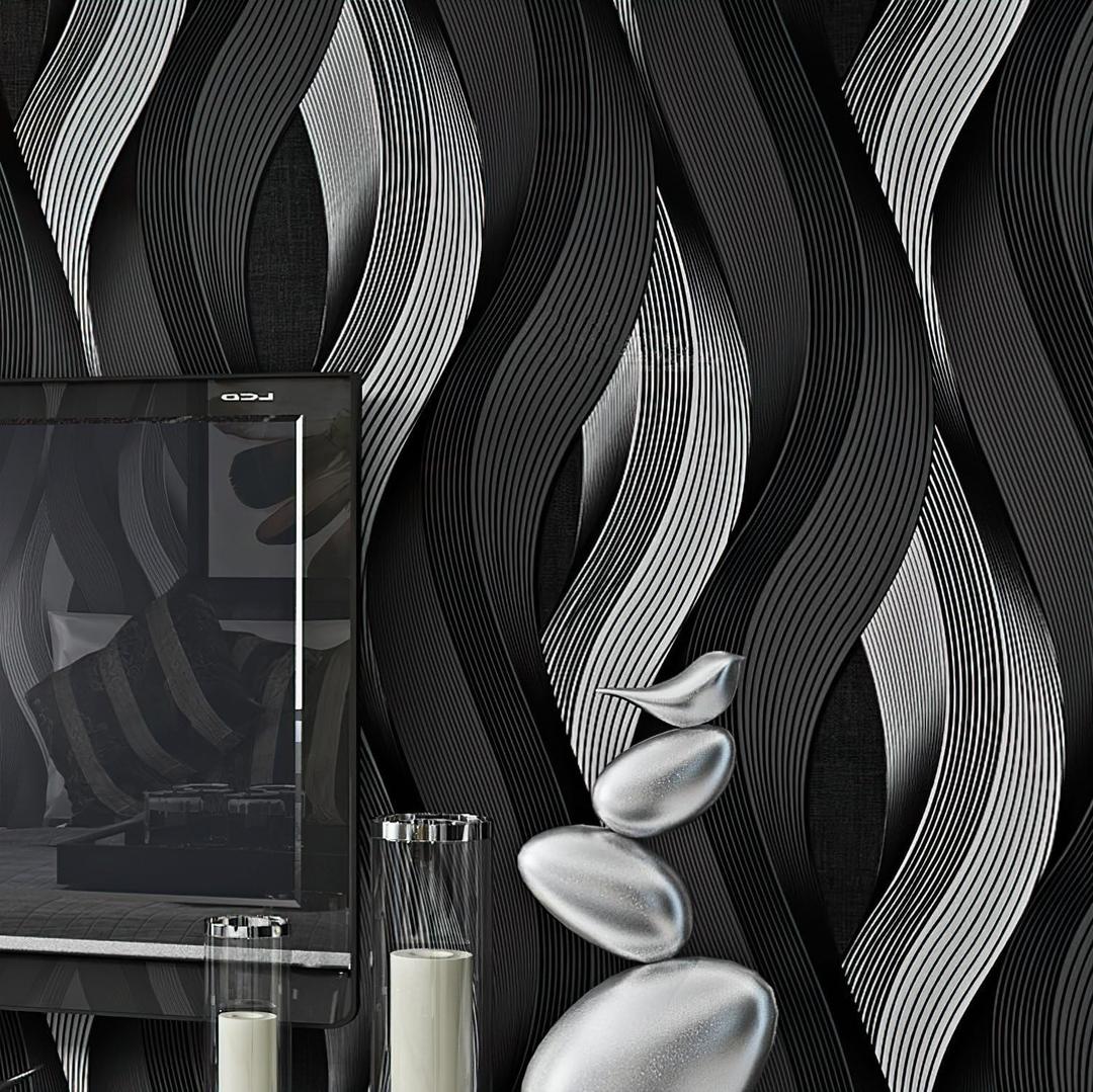 yaretzy Peel and Stick Wallpaper Black/White 3D Wave Stripe Wallpaper Removable Sticky Self Adhesive Modern for Bathroom Kitchen Bedroom Bathroom 20.8inch x 118inch