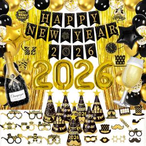 New Years Eve Party Supplies 2026, Happy New Years Decorations, Happy New Year Banner, Hats, Glasses, Hanging Swirls, Black Gold Balloons, Photo Props, Champagne Wine Glass 2026 Foil Balloon, Curtain