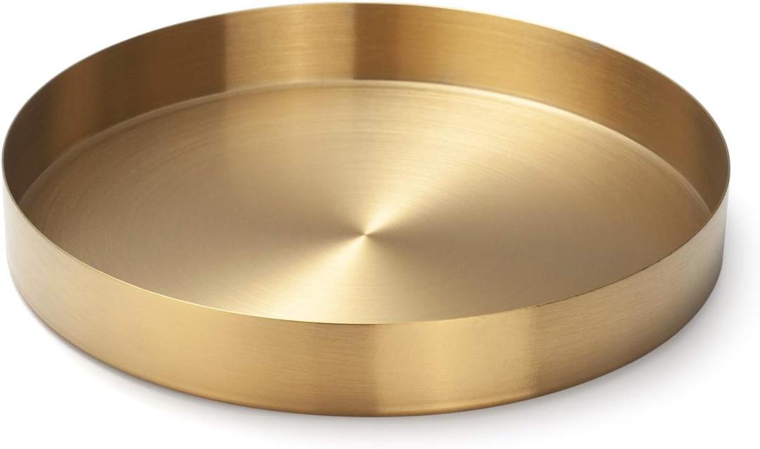 Round Gold Tray Stainless Steel Jewelry, Make up, Candle Plate Decorative Tray (8.6 inches)