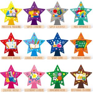BeYumi Star Acrylic Award Trophy - 12Pcs Year Superlatives Award Trophy for Kids Student of Award Wooden Base Award Recognition Encouragement Trophy Kindergarten Gift School Classroom Party Decoration