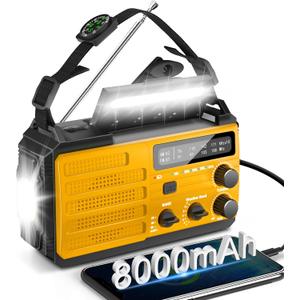 8000mAh Emergency Radio - Solar Hand Crank Emergency Radio with 3-Mode Flashlight, AM/FM/NOAA Battery Powered Radio with SOS Alarm & Compass for Power Outages Emergency Storm