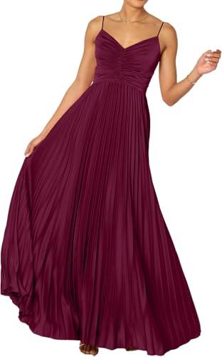 LASPIA Women's Pleated Dress Formal Adjustable Spaghetti Strap Maxi Solid Bridesmaid Evening Party Dresses Wine Red XL