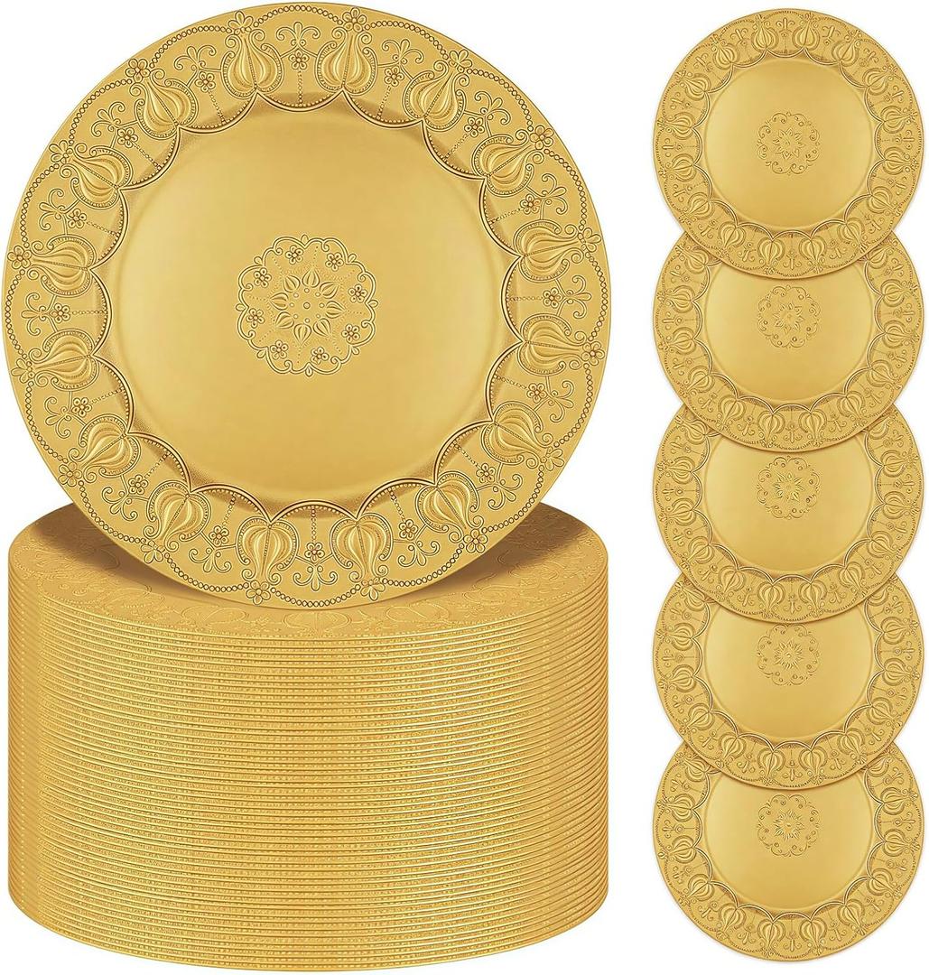 100 Pcs Gold Charger Plates, 13 Inch Plates Bulk, Plastic Reef Plate Chargers, Matte Chargers for Dinner Plates Round Decorative Dishes, for Wedding Party Holiday Event Supplies(Embossed Rim)