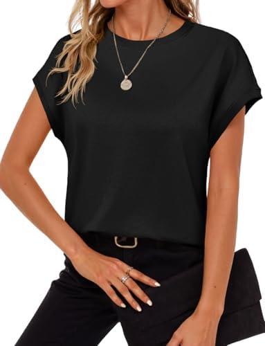 Cicy Bell Womens Summer Cap Sleeve T-Shirts Casual Loose Fit Tunic Tops Crew Neck Tee Shirts Black