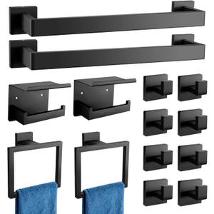 14-Piece Matte Black Bathroom Accessories Set, Stainless Steel Bathroom Hardware Set, Bathroom Wall-Mounted Towel Rack, Bath Towel Bar Set
